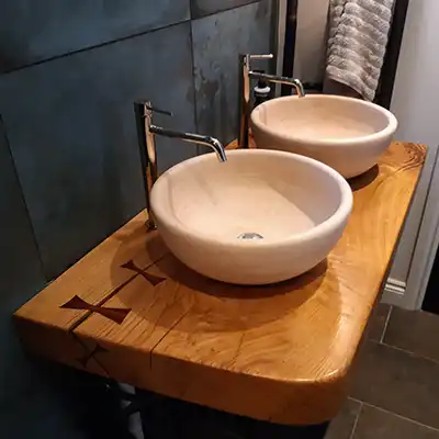 wooden surface with white sinks